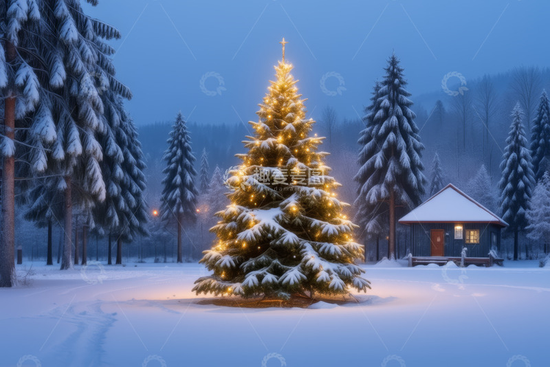 高清大图下载【趣麦麦图】雪林中的亮灯圣诞树
