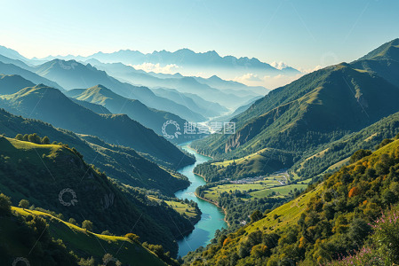 山谷河流自然风光全景