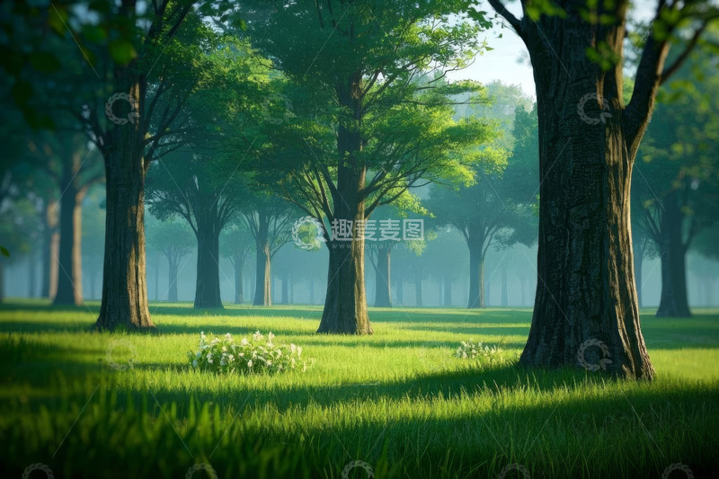 高清大图下载【趣麦麦图】阳光照耀下的森林草地景观