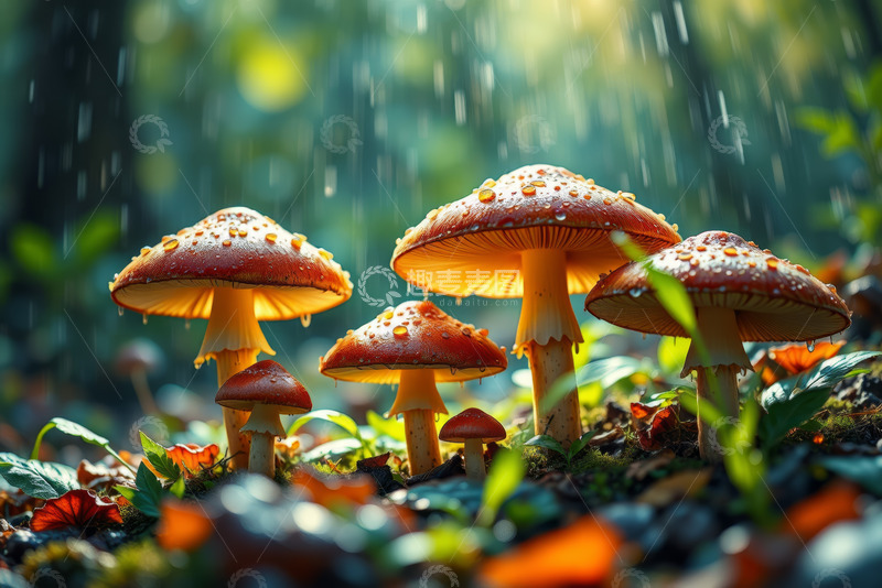 高清大图下载【趣麦麦图】森林中带水珠的红色蘑菇