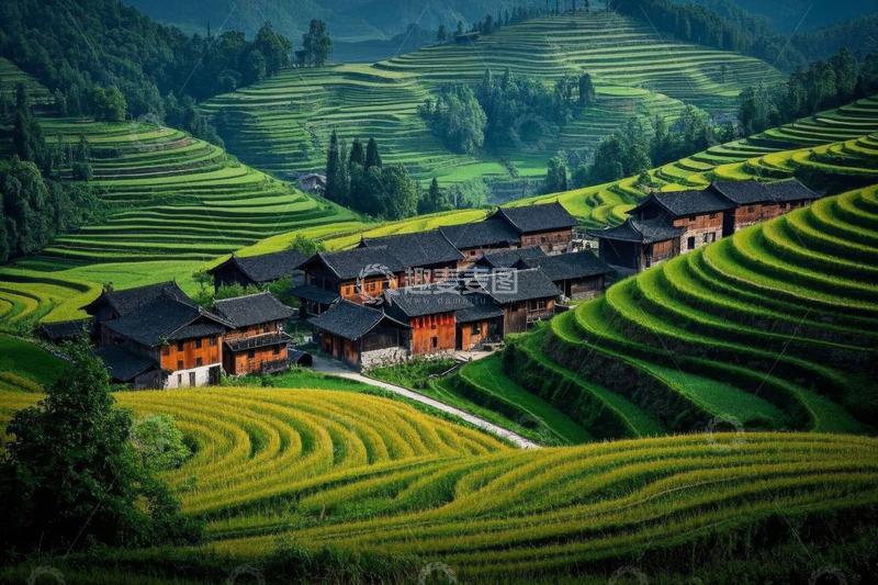 高清大图下载【趣麦麦图】山间梯田旁的传统村落