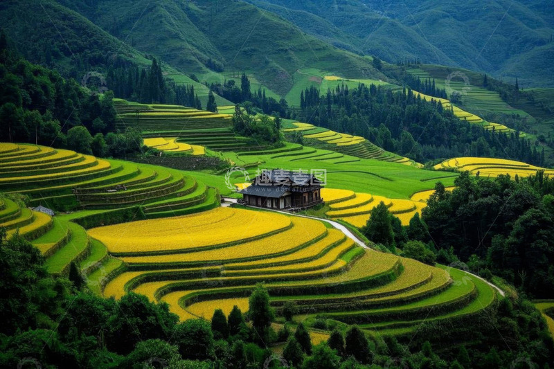 高清大图下载【趣麦麦图】山间梯田与农舍风景