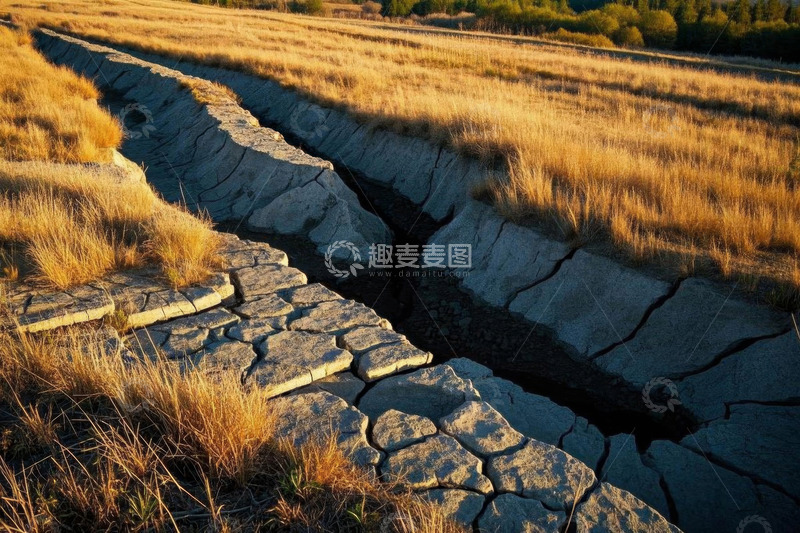 高清大图下载【趣麦麦图】干旱土地上的干裂地表与草地