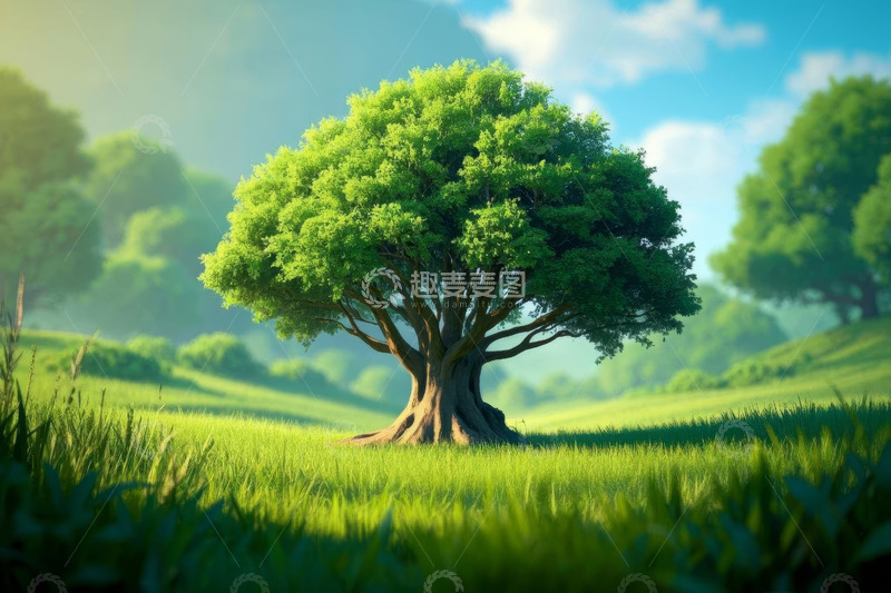 高清大图下载【趣麦麦图】草地上的茂盛大树