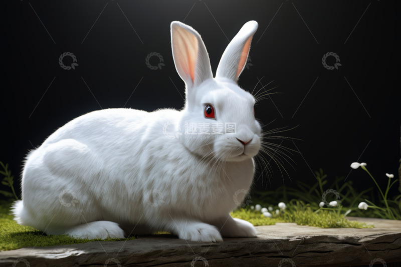 高清大图下载【趣麦麦图】白兔蹲坐草地木桩上