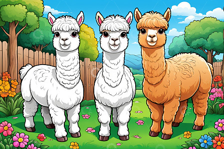 草地上的三只卡通羊驼