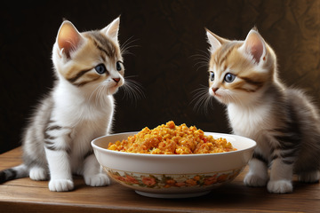 两只小猫注视食物场景