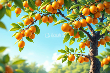 枝头挂满橙色果实的果树