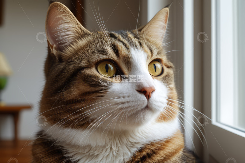 高清大图下载【趣麦麦图】室内望向一侧的斑纹宠物猫