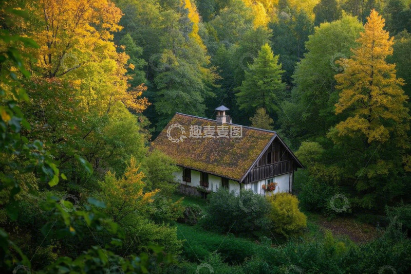 高清大图下载【趣麦麦图】森林中的小屋秋日景致