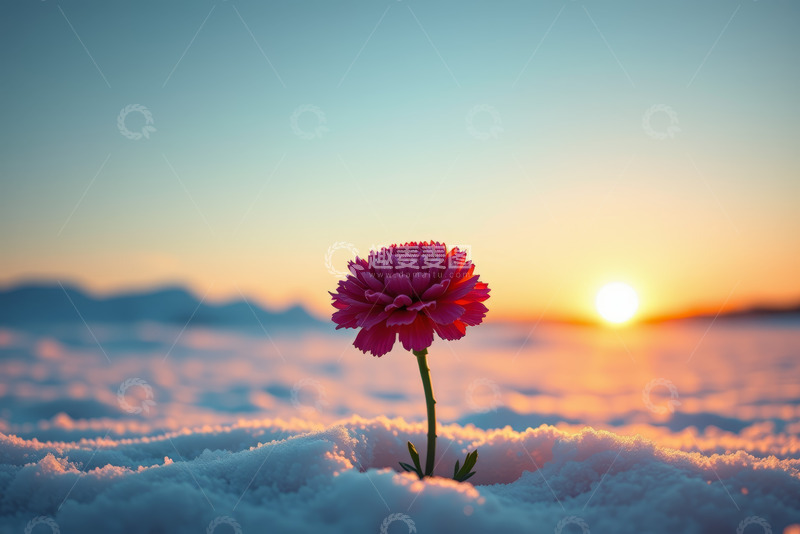 高清大图下载【趣麦麦图】雪地中绽放的粉色花朵