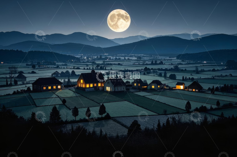 高清大图下载【趣麦麦图】月夜下的乡村田园景象