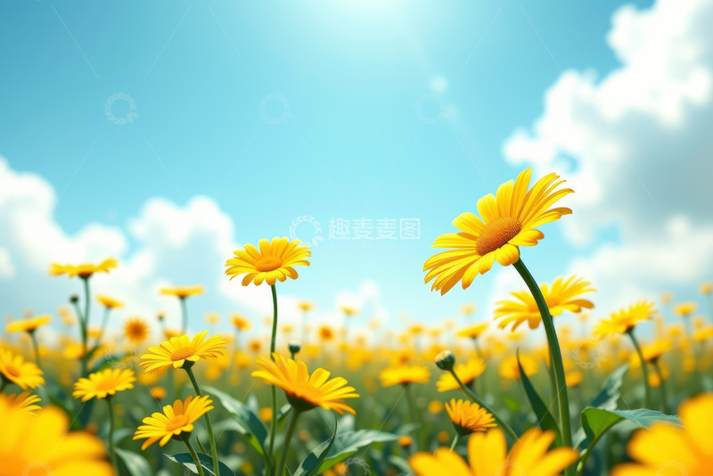 高清大图下载【趣麦麦图】户外蓝天背景下的黄色花海