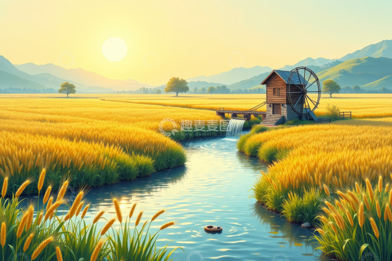 高清大图下载【趣麦麦图】田野中河边的水车风景