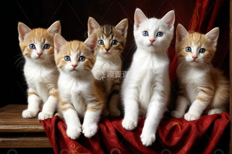 高清大图下载【趣麦麦图】五只小猫坐于红布上