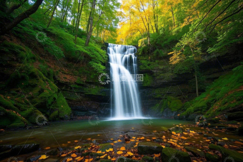 高清大图下载【趣麦麦图】森林中的瀑布自然风光