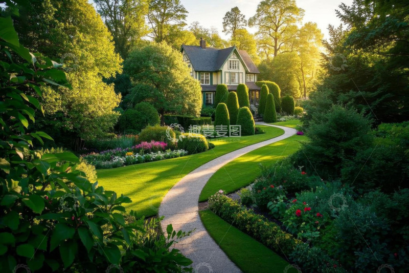 高清大图下载【趣麦麦图】花园中带绿植小径的别墅景观