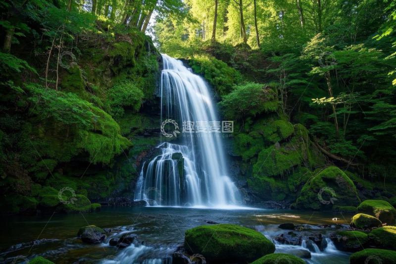 高清大图下载【趣麦麦图】森林中的瀑布自然景观