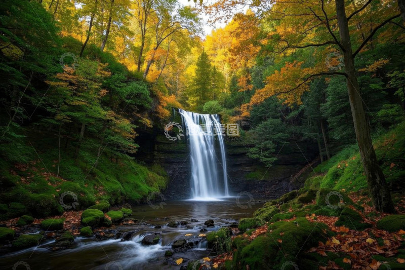 高清大图下载【趣麦麦图】秋季森林中的瀑布景观