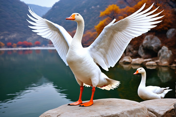湖畔白鹅展翅自然风光图
