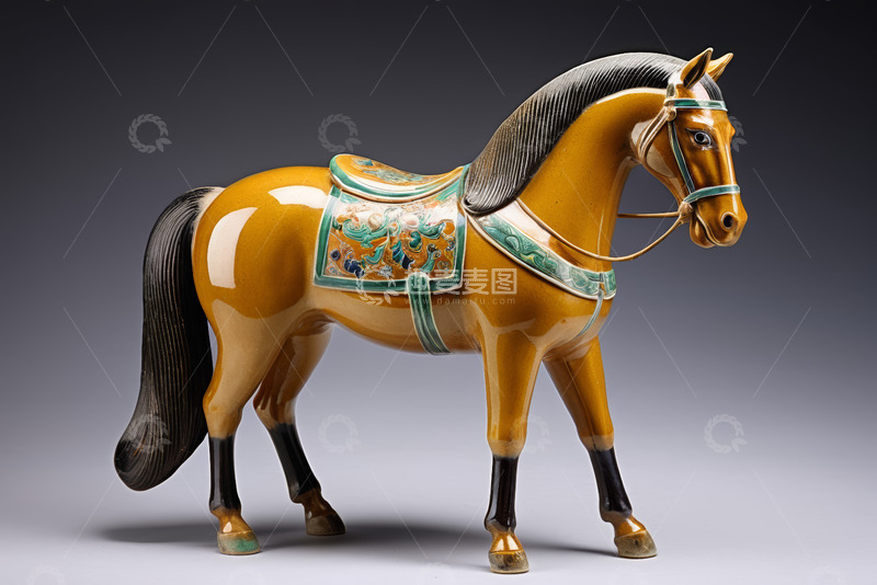 高清大图下载【趣麦麦图】黄釉彩瓷马工艺品特写