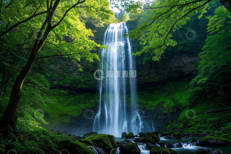 高清大图下载【趣麦麦图】森林中的壮丽瀑布景观