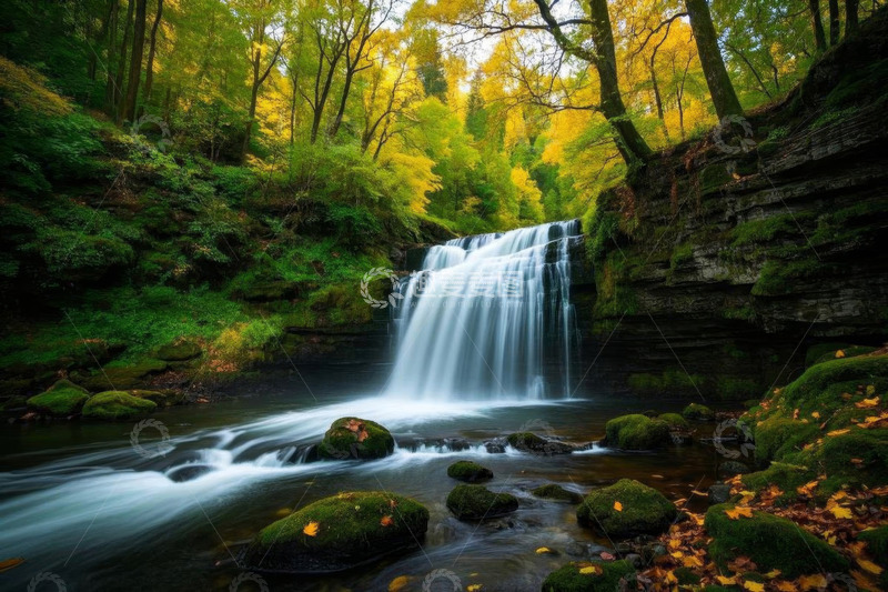 高清大图下载【趣麦麦图】森林中的瀑布自然景观