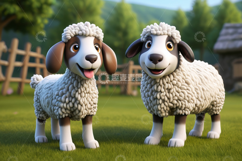 高清大图下载【趣麦麦图】卡通绵羊站在田园草地上