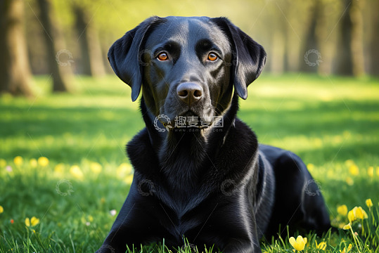 草地上的黑色拉布拉多犬