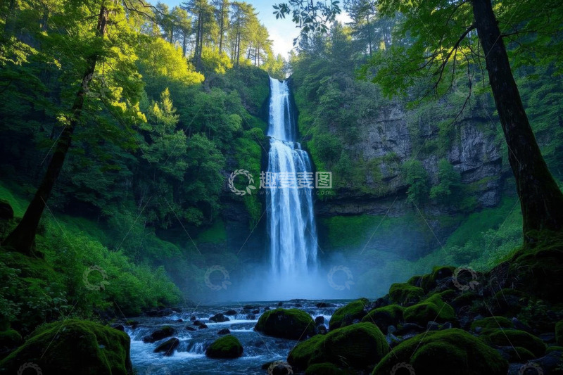 高清大图下载【趣麦麦图】森林中的瀑布自然景观