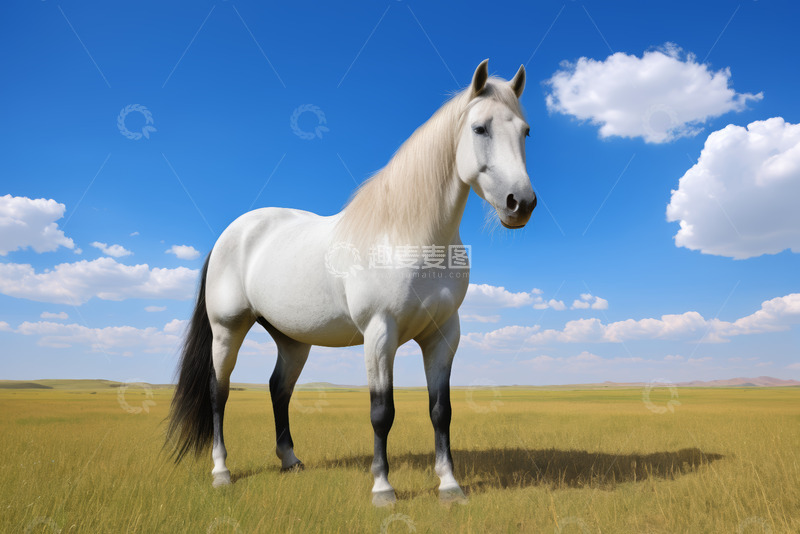 高清大图下载【趣麦麦图】草原上站立的白马