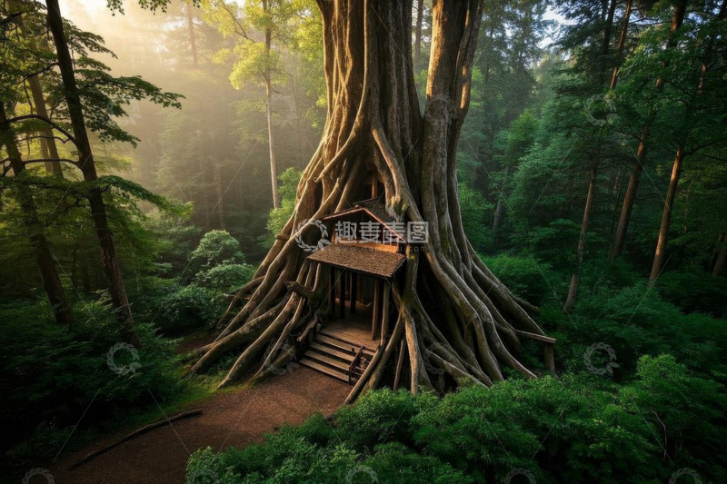 高清大图下载【趣麦麦图】森林中大树根部的小屋景观