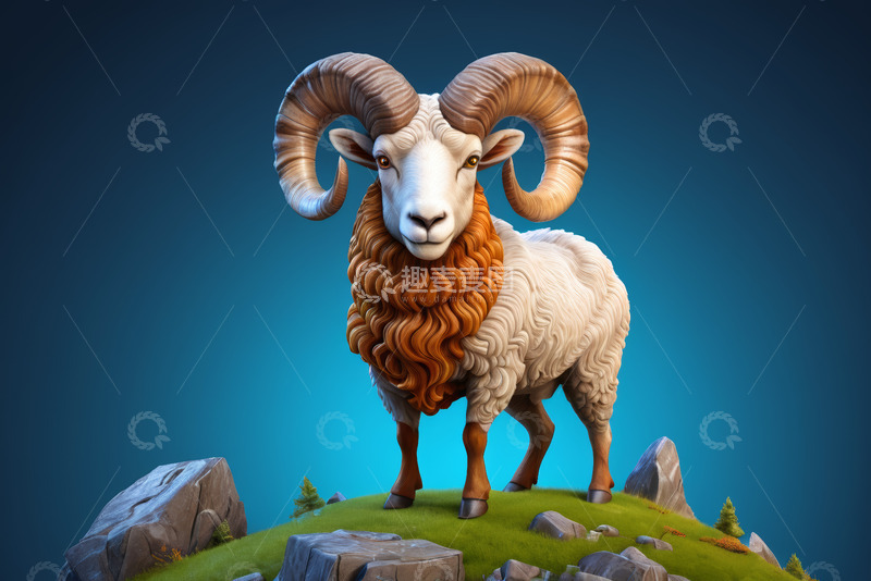 高清大图下载【趣麦麦图】卡通山羊站在草地岩石上