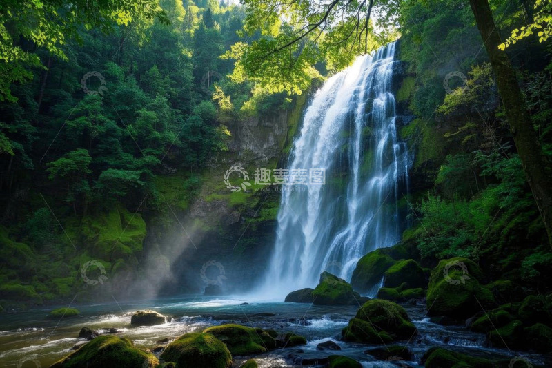 高清大图下载【趣麦麦图】森林中的自然瀑布景观