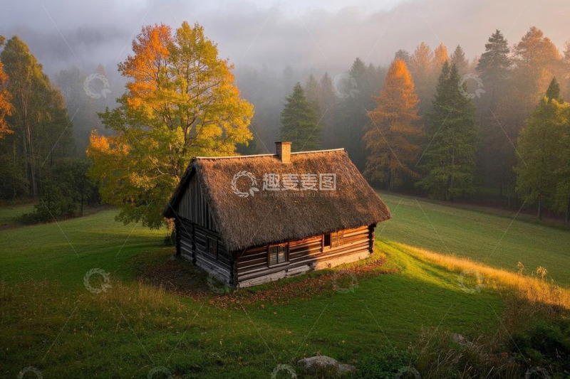高清大图下载【趣麦麦图】森林中草地旁的茅草木屋