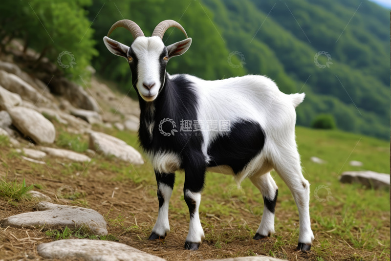 高清大图下载【趣麦麦图】山间草地的黑白山羊
