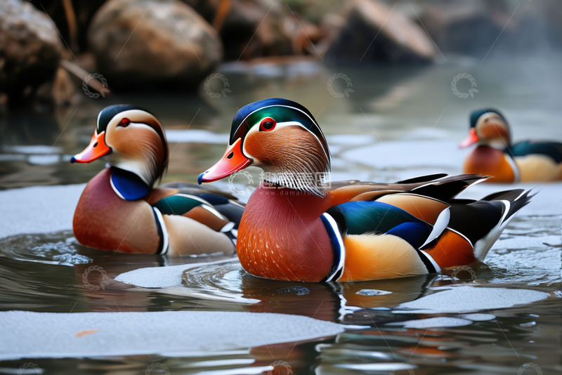 高清大图下载【趣麦麦图】水中游动的多彩鸳鸯