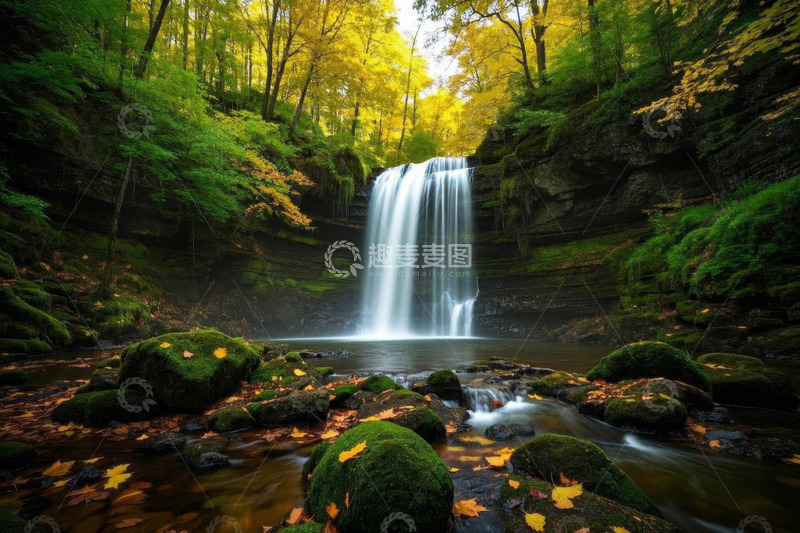 高清大图下载【趣麦麦图】森林中瀑布与秋日落叶景观