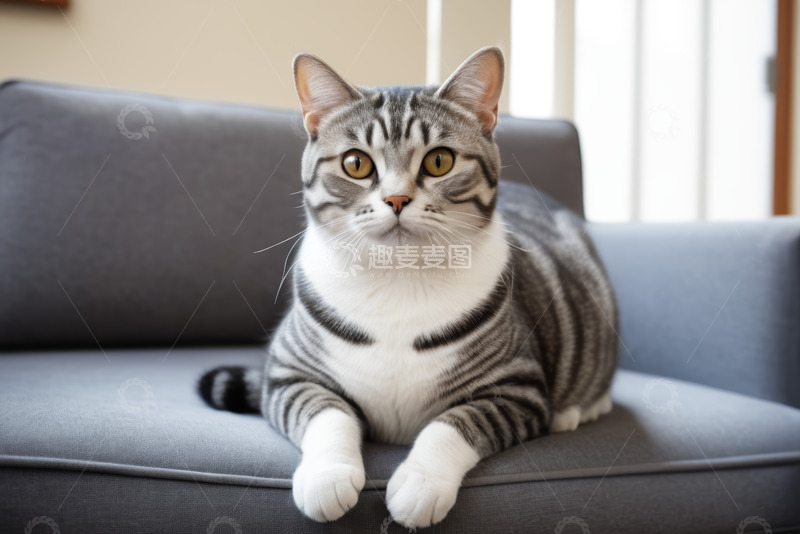 高清大图下载【趣麦麦图】沙发上的灰色条纹猫咪
