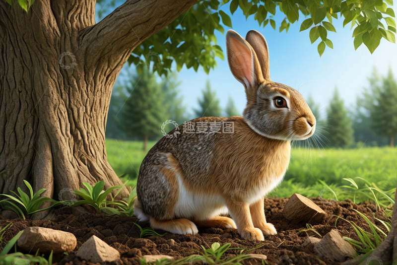 高清大图下载【趣麦麦图】树下的兔子田园场景