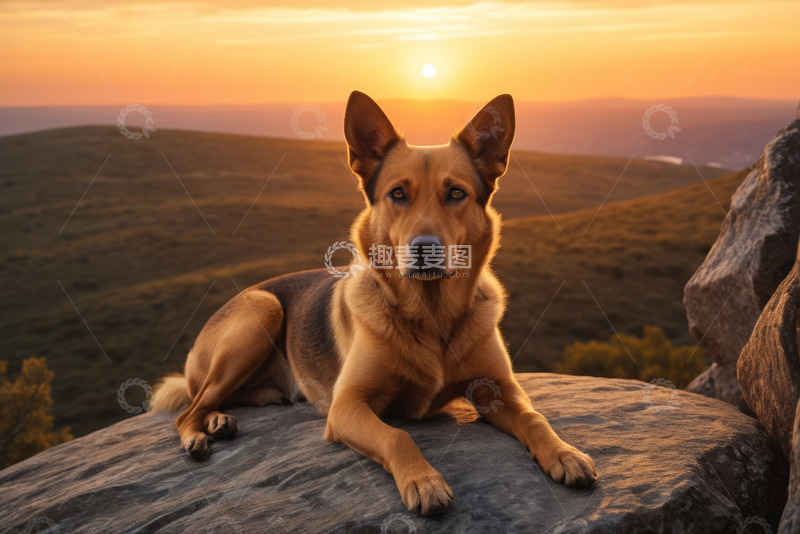高清大图下载【趣麦麦图】夕阳下岩石上的狗