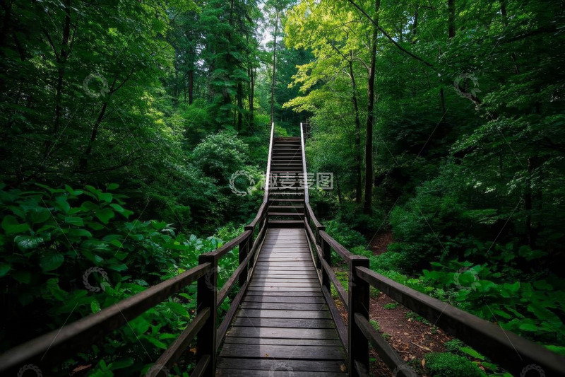 高清大图下载【趣麦麦图】森林中木质栈道与阶梯景观