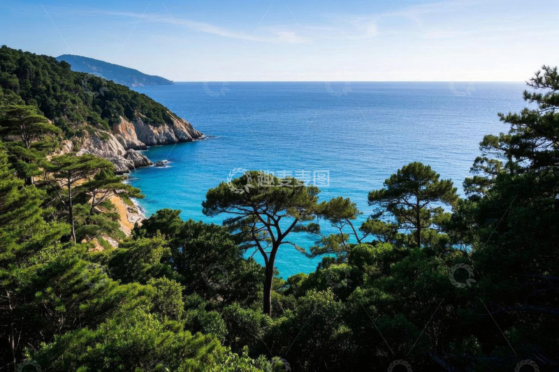 高清大图下载【趣麦麦图】海岸边茂密树林与蓝色海洋景观