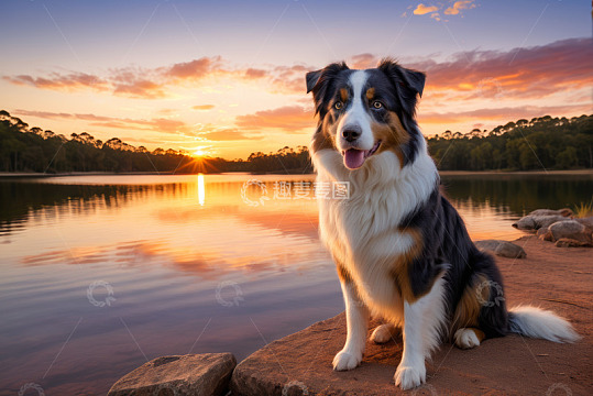 湖畔夕阳下的澳洲牧羊犬