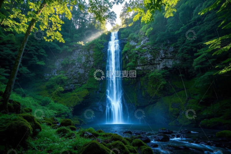 高清大图下载【趣麦麦图】森林中的瀑布自然景观