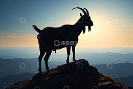 山顶站立的山羊与远山风景