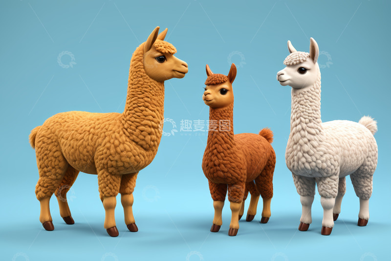 高清大图下载【趣麦麦图】三只不同颜色羊驼3D模型