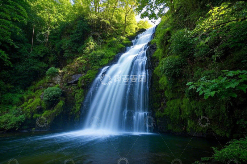 高清大图下载【趣麦麦图】森林中的自然瀑布景观