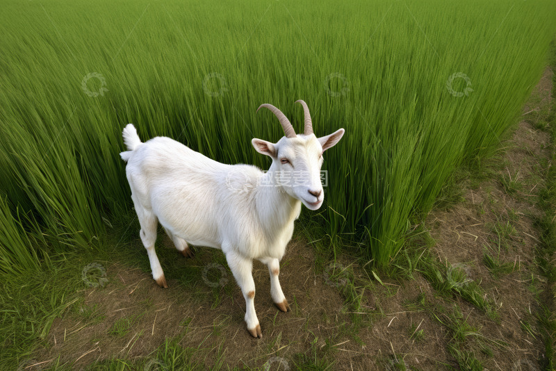 高清大图下载【趣麦麦图】稻田中的白色山羊