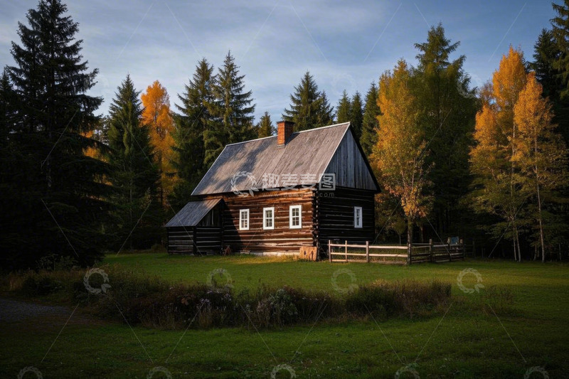 高清大图下载【趣麦麦图】森林中的乡村木屋风景